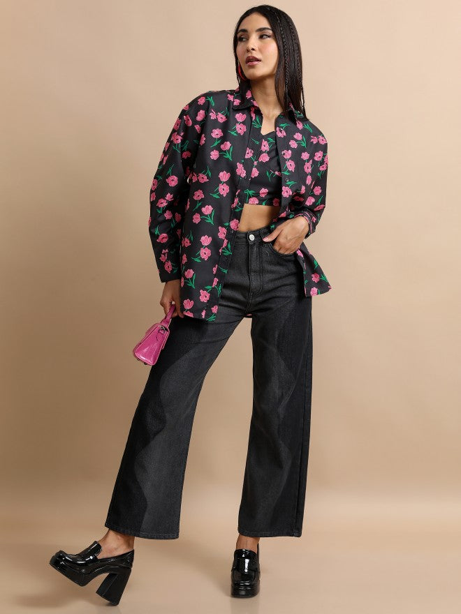 Tokyo Talkies Women Black Top With Shirt Co-Ords - Black - Image 2