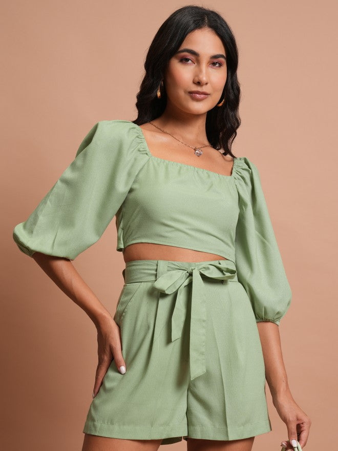 Tokyo Talkies Women Green Top With Shorts Co-Ords - Green - Image 1