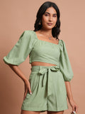 Tokyo Talkies Women Green Top With Shorts Co-Ords - Green - Image 1
