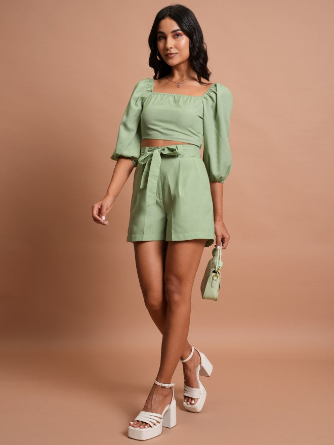 Tokyo Talkies Women Green Top With Shorts Co-Ords - Green - Image 2