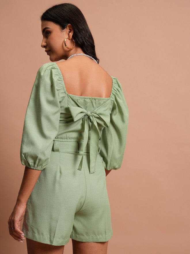 Tokyo Talkies Women Green Top With Shorts Co-Ords - Green - Image 3