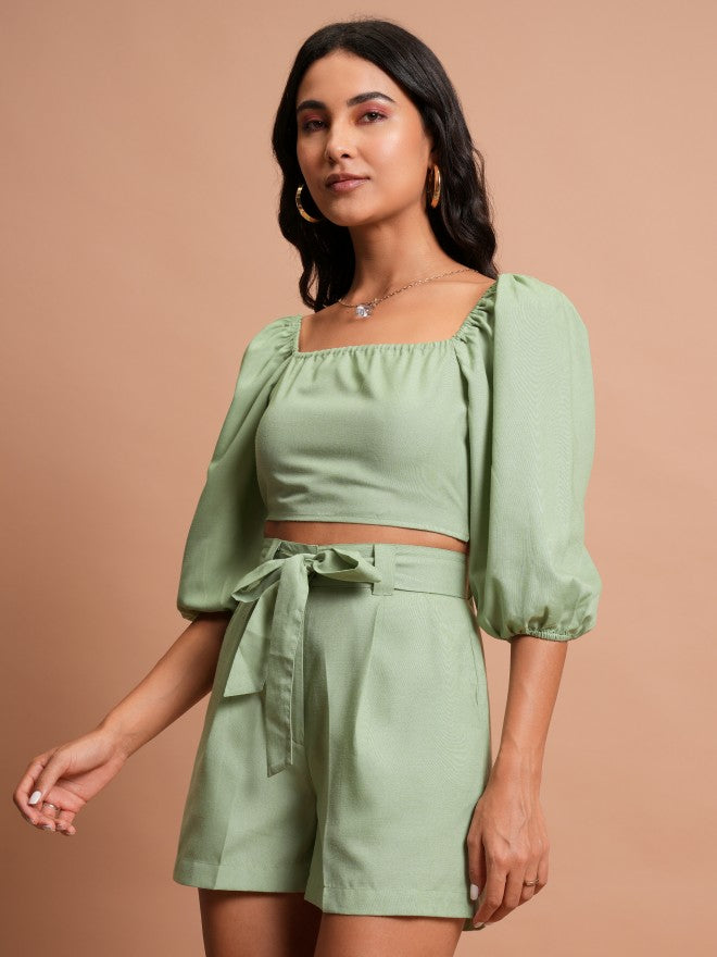 Tokyo Talkies Women Green Top With Shorts Co-Ords - Green - Image 4