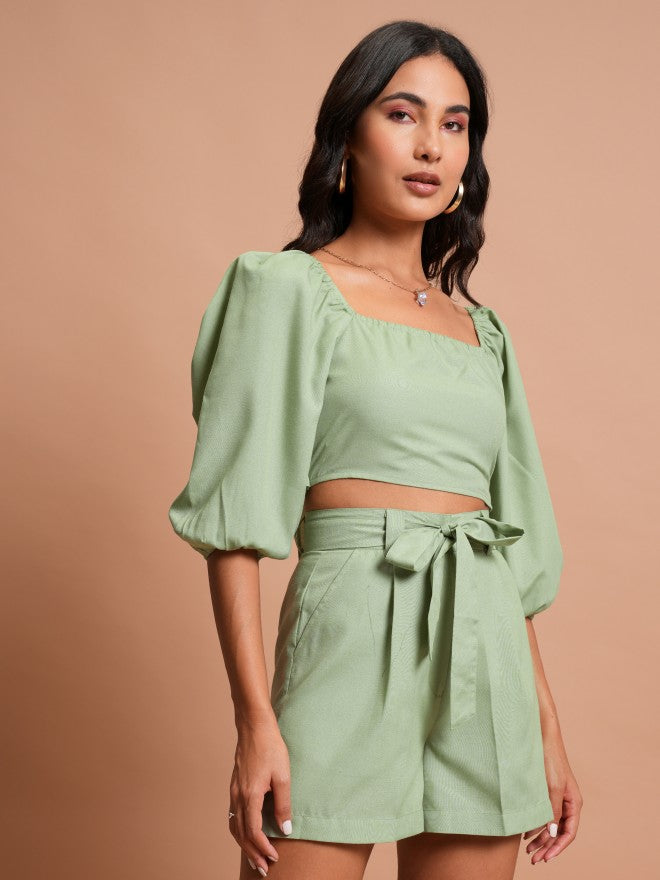 Tokyo Talkies Women Green Top With Shorts Co-Ords - Green - Image 6