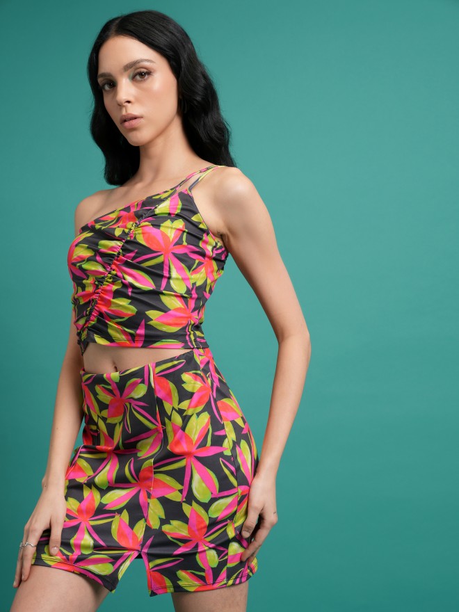 Tokyo Talkies Women Pink Black Multi Top With Skirt Co-Ords - Pink - Image 4