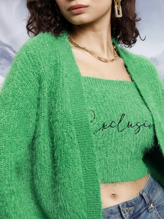 Tokyo Talkies Women Green Sweater With Top Co-Ords - Green - Image 5