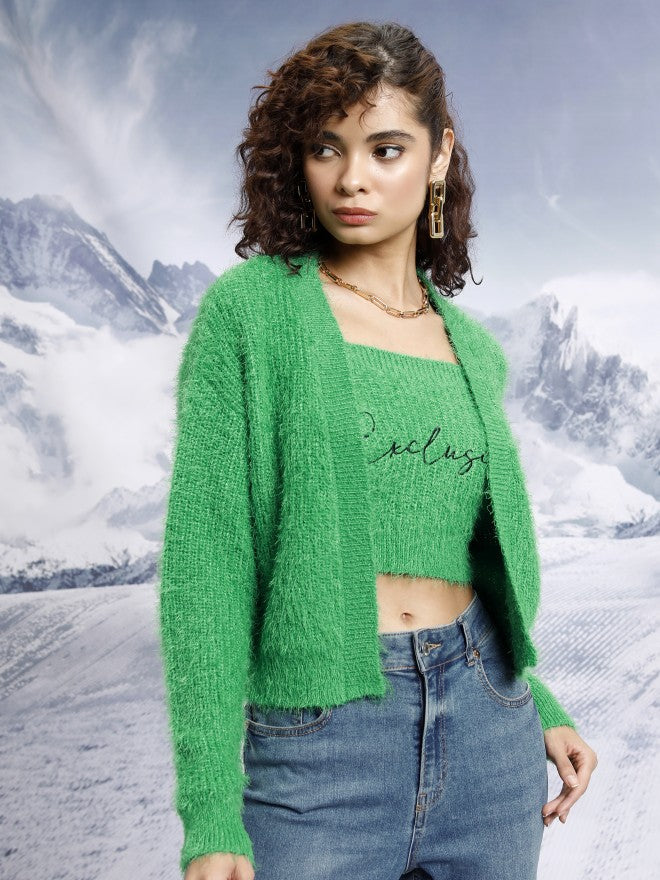 Tokyo Talkies Women Green Sweater With Top Co-Ords - Green - Image 6