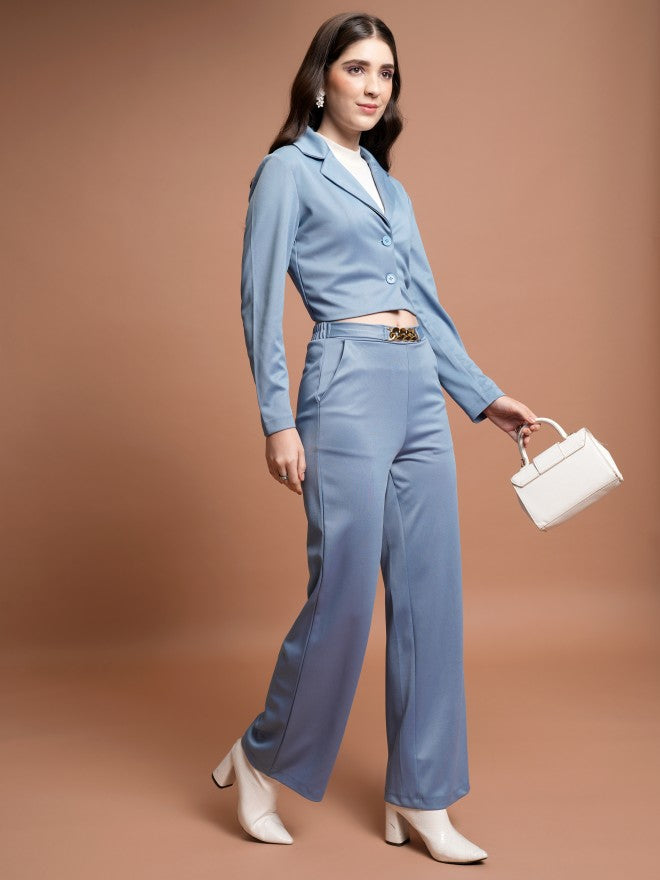 Tokyo Talkies Women Blue Coat With Trousers Co-Ords - Blue - Image 1