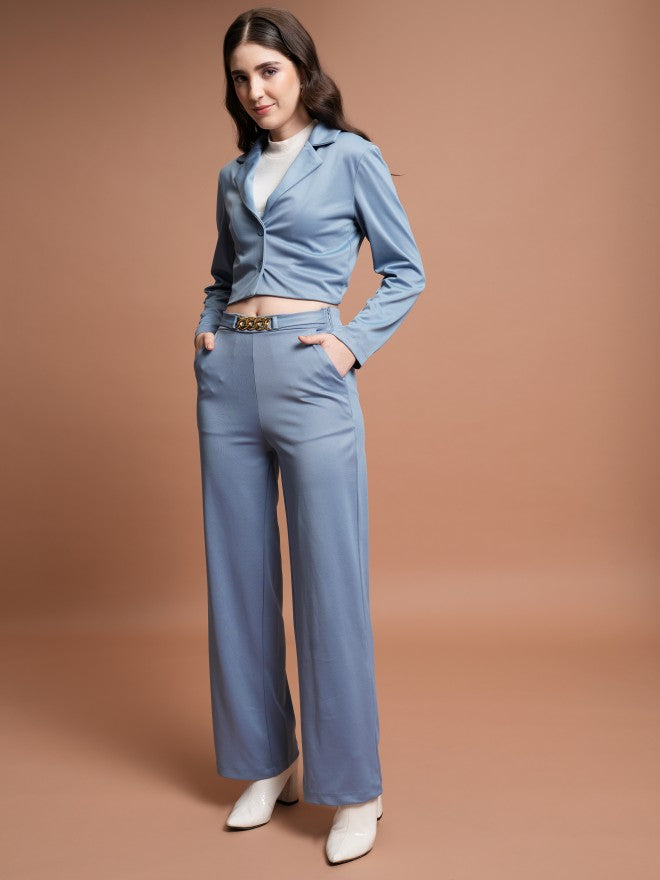 Tokyo Talkies Women Blue Coat With Trousers Co-Ords - Blue - Image 2