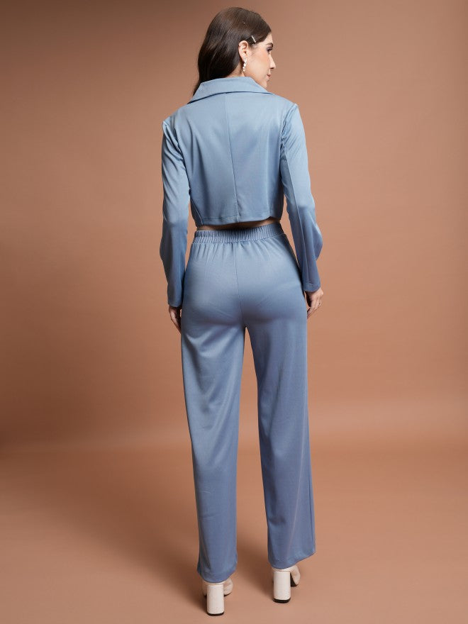 Tokyo Talkies Women Blue Coat With Trousers Co-Ords - Blue - Image 3