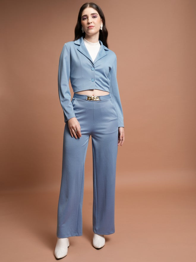 Tokyo Talkies Women Blue Coat With Trousers Co-Ords - Blue - Image 4