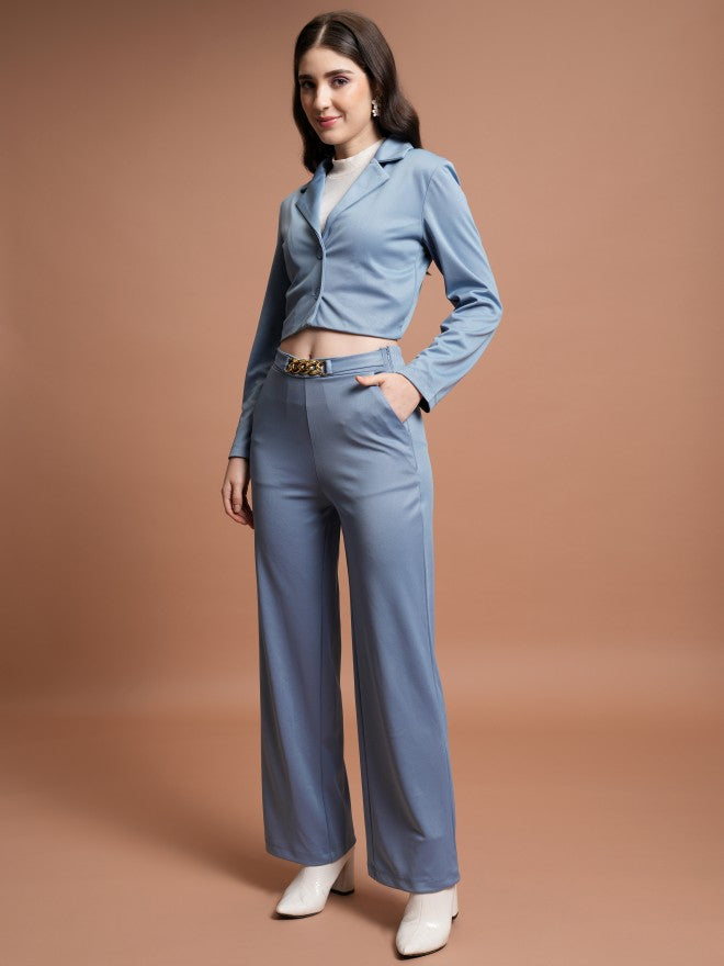 Tokyo Talkies Women Blue Coat With Trousers Co-Ords - Blue - Image 6
