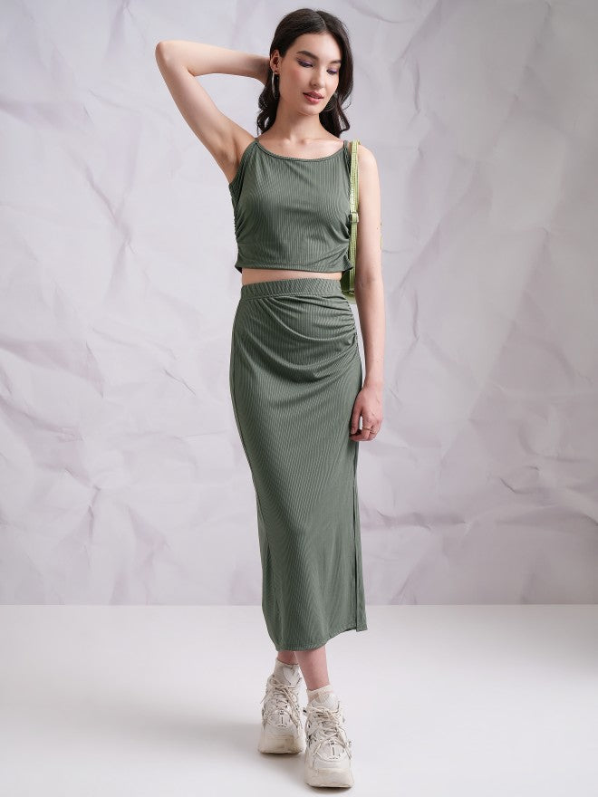 Tokyo Talkies Women Olive Top With Skirt - Olive - Image 1