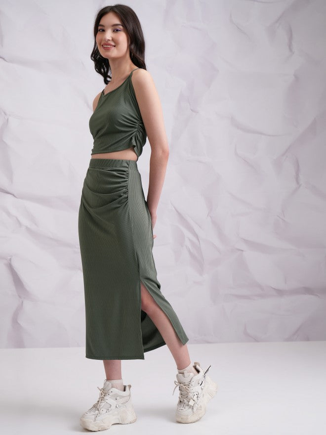 Tokyo Talkies Women Olive Top With Skirt - Olive - Image 2