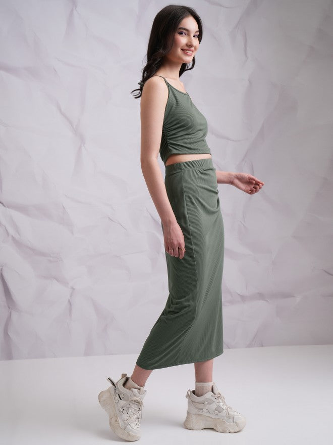 Tokyo Talkies Women Olive Top With Skirt - Olive - Image 4