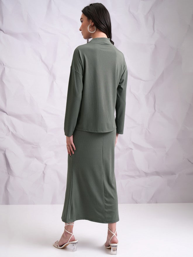 Tokyo Talkies Women Olive Top With Skirt - Olive - Image 3
