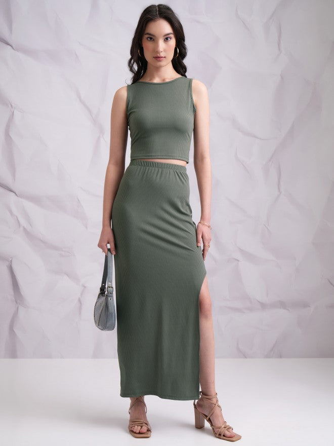 Tokyo Talkies Women Olive Top With Skirt Co-Ords - Olive - Image 1