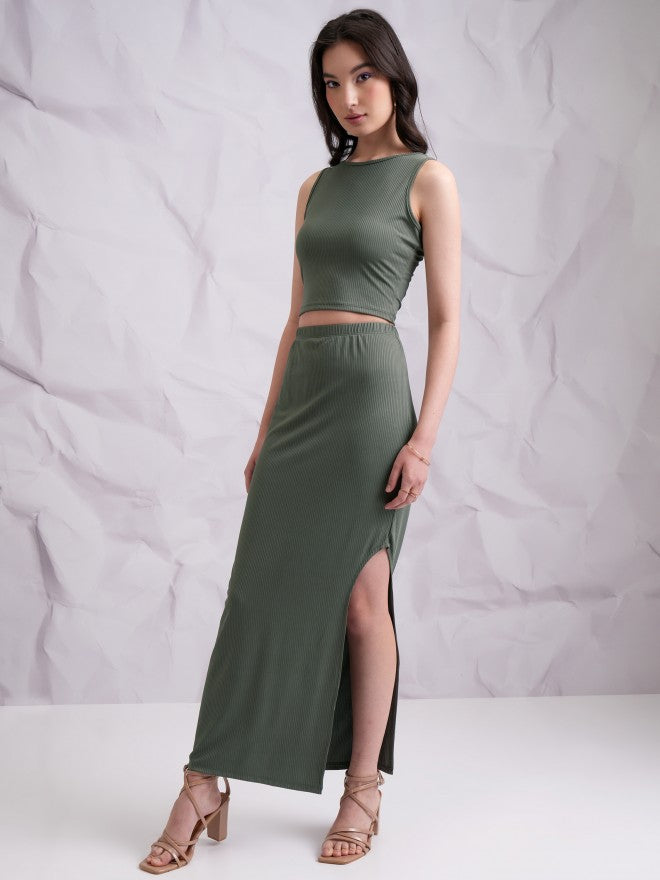 Tokyo Talkies Women Olive Top With Skirt Co-Ords - Olive - Image 2