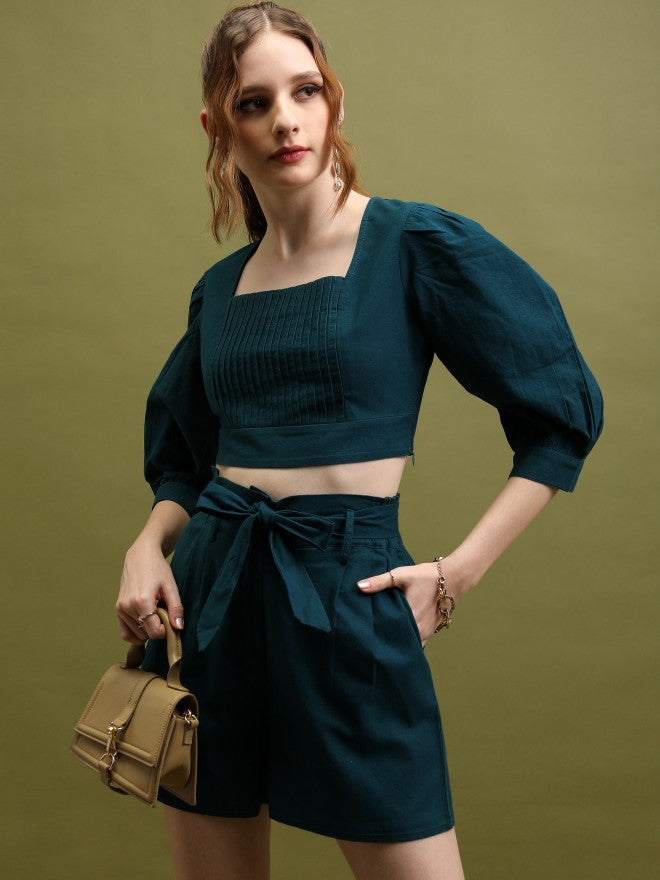 Women Top With Shorts Co-Ords - Teal - Image 1