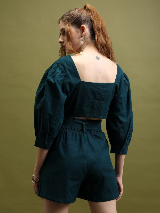 Women Top With Shorts Co-Ords - Teal - Image 3
