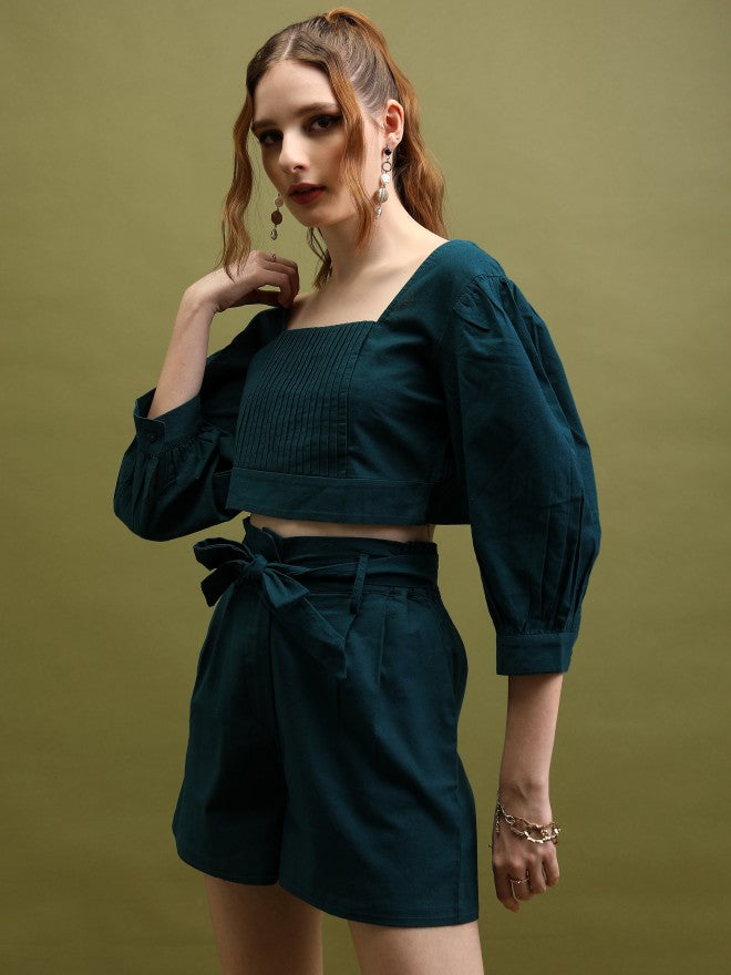 Women Top With Shorts Co-Ords - Teal - Image 4