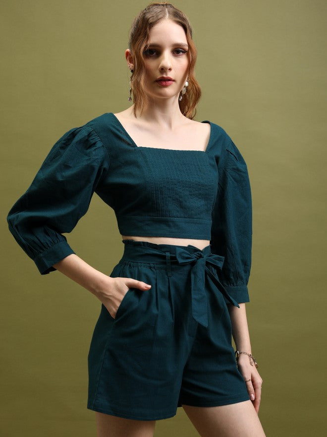 Women Top With Shorts Co-Ords - Teal - Image 6