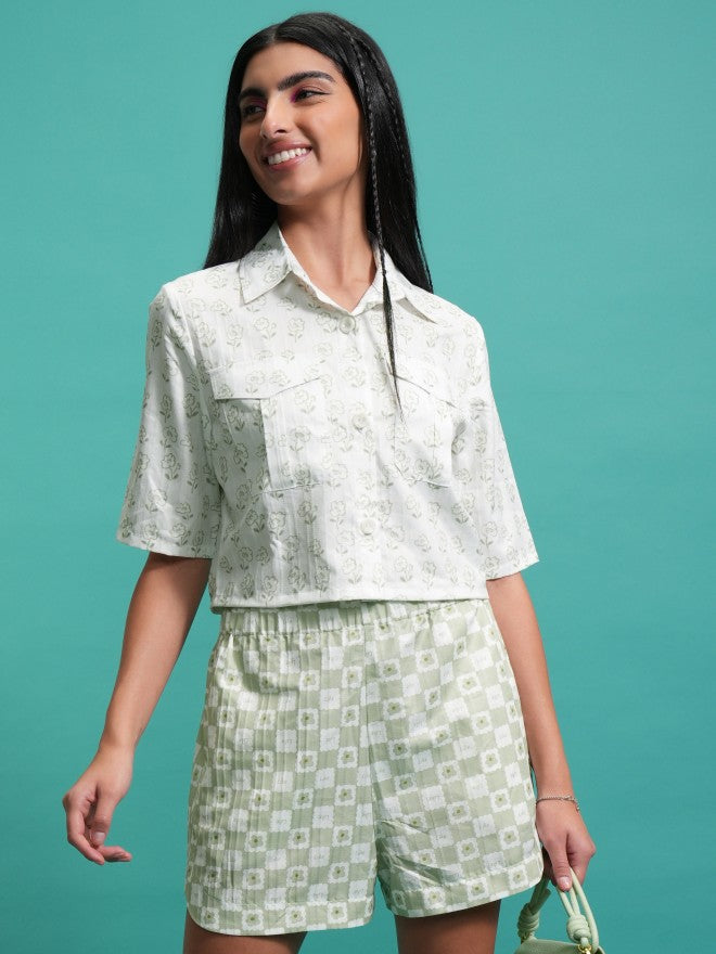 Tokyo Talkies Women Green Shirt With Shorts Co-Ords - Green - Image 1