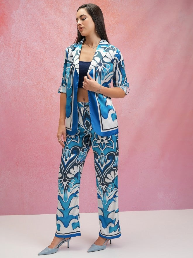 Tokyo Talkies Women Blue Coat With Trouser Co-Ords - Blue - Image 2