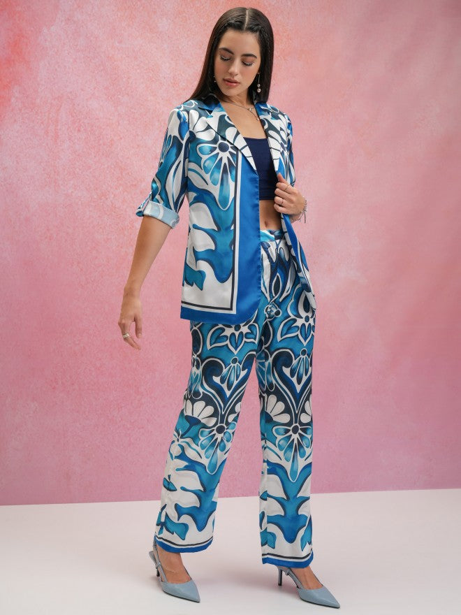 Tokyo Talkies Women Blue Coat With Trouser Co-Ords - Blue - Image 4