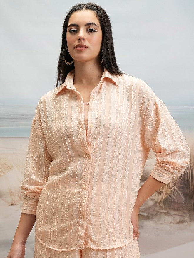 Tokyo Talkies Women Beige Shirt With Shorts Co-Ords - Beige - Image 1