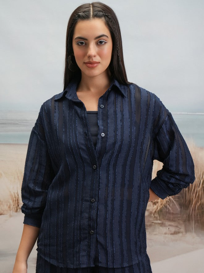 Tokyo Talkies Women Navy Blue Shirt With Shorts Co-Ords - Navy Blue - Image 1