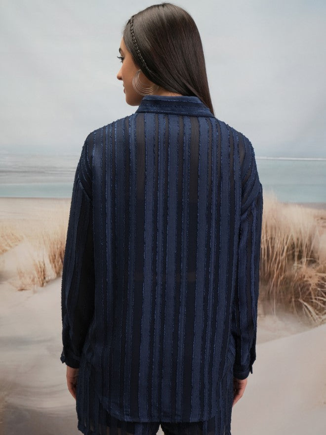 Tokyo Talkies Women Navy Blue Shirt With Shorts Co-Ords - Navy Blue - Image 3