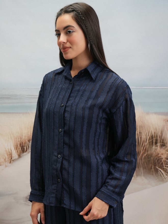 Tokyo Talkies Women Navy Blue Shirt With Shorts Co-Ords - Navy Blue - Image 4