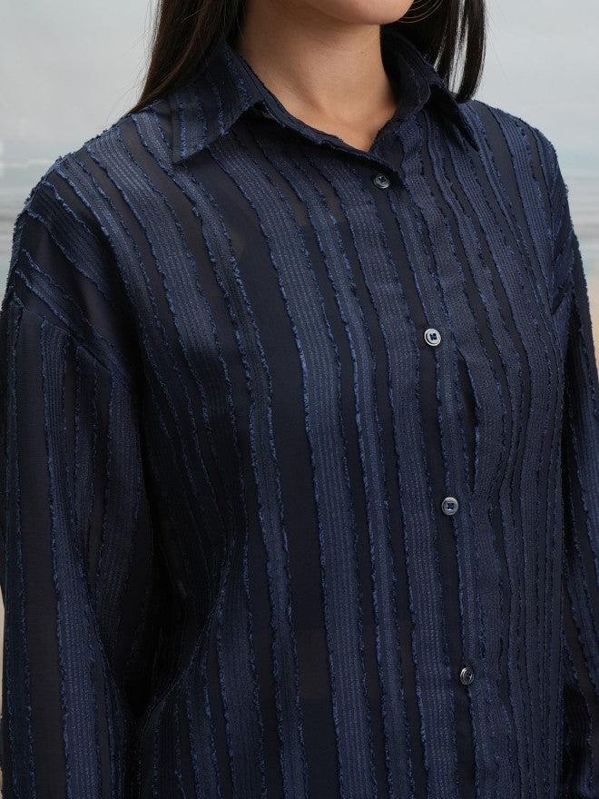 Tokyo Talkies Women Navy Blue Shirt With Shorts Co-Ords - Navy Blue - Image 5