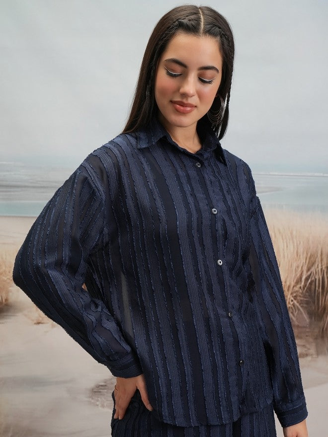 Tokyo Talkies Women Navy Blue Shirt With Shorts Co-Ords - Navy Blue - Image 6