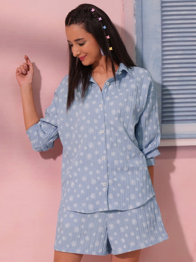 Tokyo Talkies Women Blue Shirt With Short - Blue - Image 1