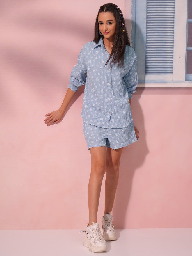 Tokyo Talkies Women Blue Shirt With Short - Blue - Image 2