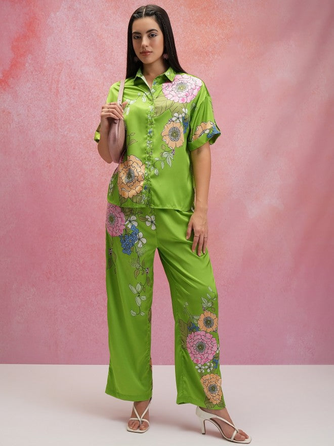 Tokyo Talkies Women Green Shirt With Trouser Co-Ords - Green - Image 1