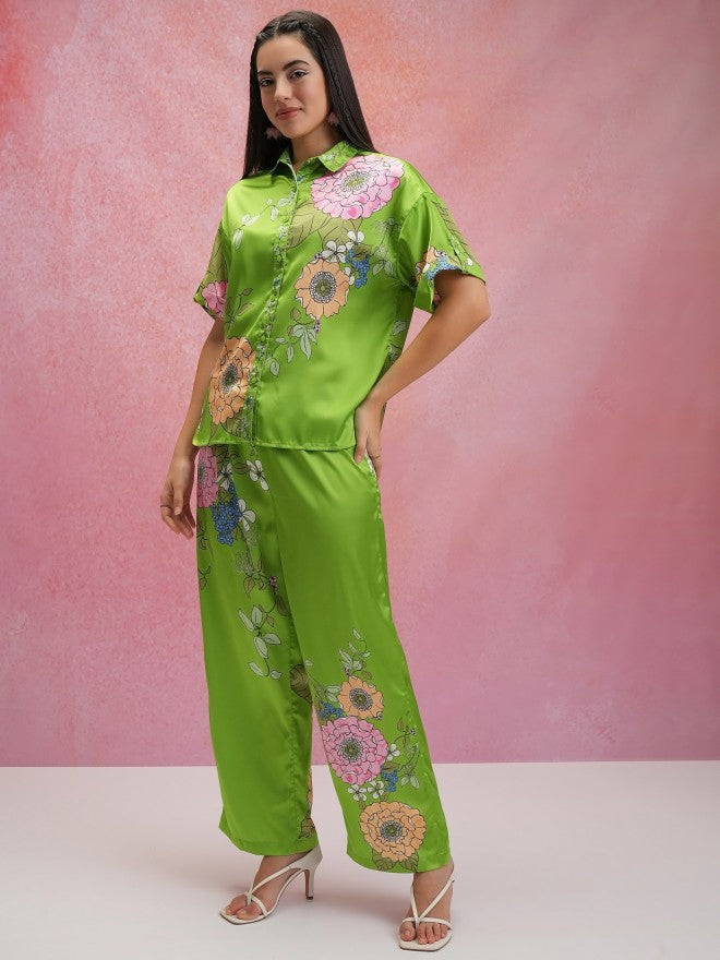 Tokyo Talkies Women Green Shirt With Trouser Co-Ords - Green - Image 2