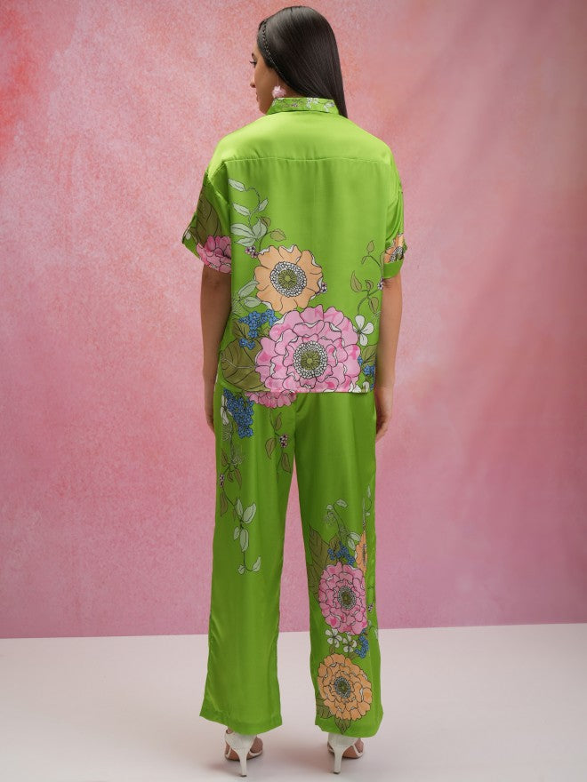 Tokyo Talkies Women Green Shirt With Trouser Co-Ords - Green - Image 3