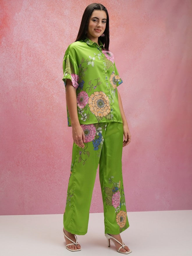 Tokyo Talkies Women Green Shirt With Trouser Co-Ords - Green - Image 4