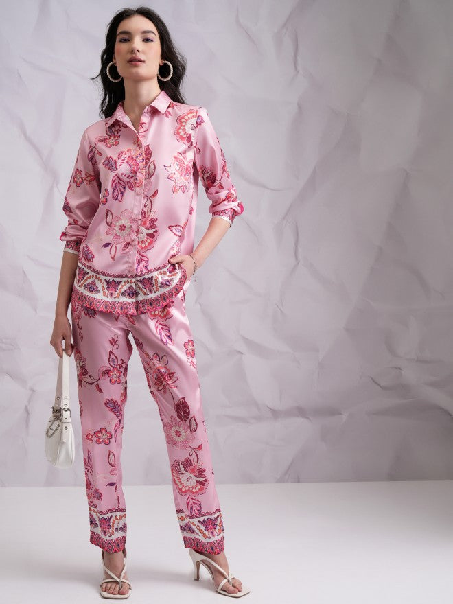 Tokyo Talkies Women Pink Shirt With Trousers Co-Ords - Pink - Image 1