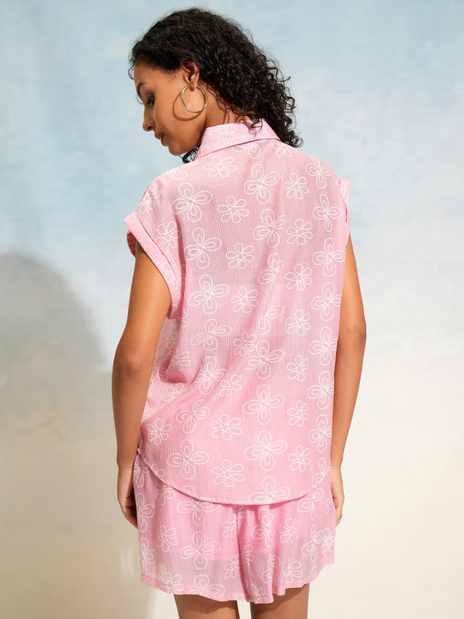Tokyo Talkies Women Pink Shirt With Shorts Co-Ords - Pink - Image 3