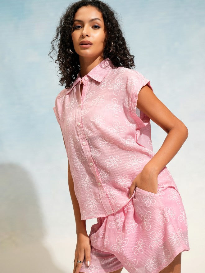 Tokyo Talkies Women Pink Shirt With Shorts Co-Ords - Pink - Image 4