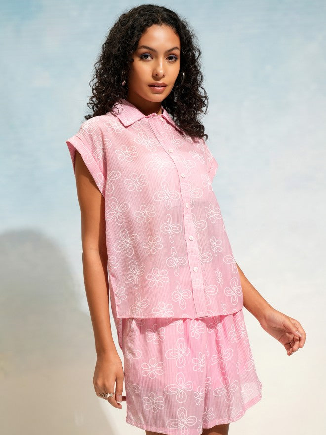 Tokyo Talkies Women Pink Shirt With Shorts Co-Ords - Pink - Image 6