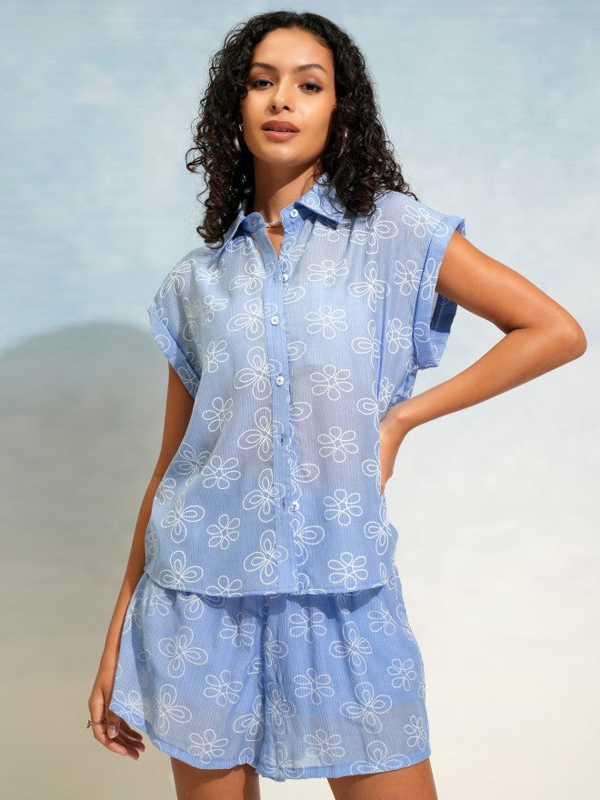 Tokyo Talkies Women Blue Shirt With Short - Blue - Image 1