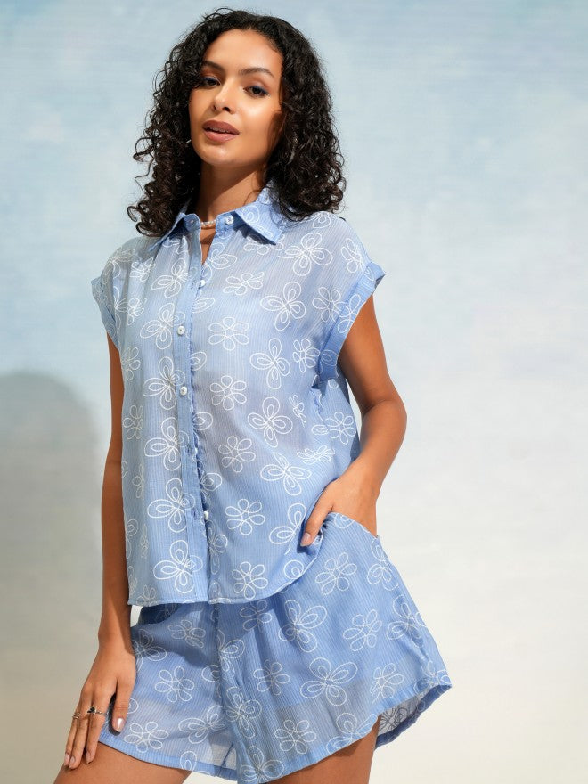 Tokyo Talkies Women Blue Shirt With Short - Blue - Image 4