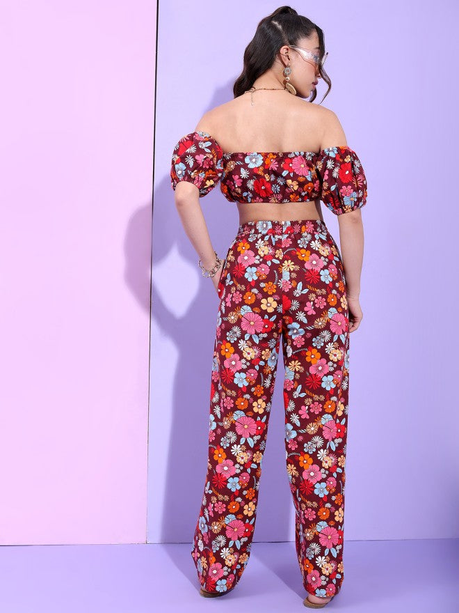 Tokyo Talkies Women Maroon Top With Trousers Co-Ords - Maroon - Image 3