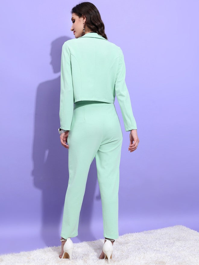 Tokyo Talkies Women Green Coat With Trousers Co-Ords - Green - Image 2
