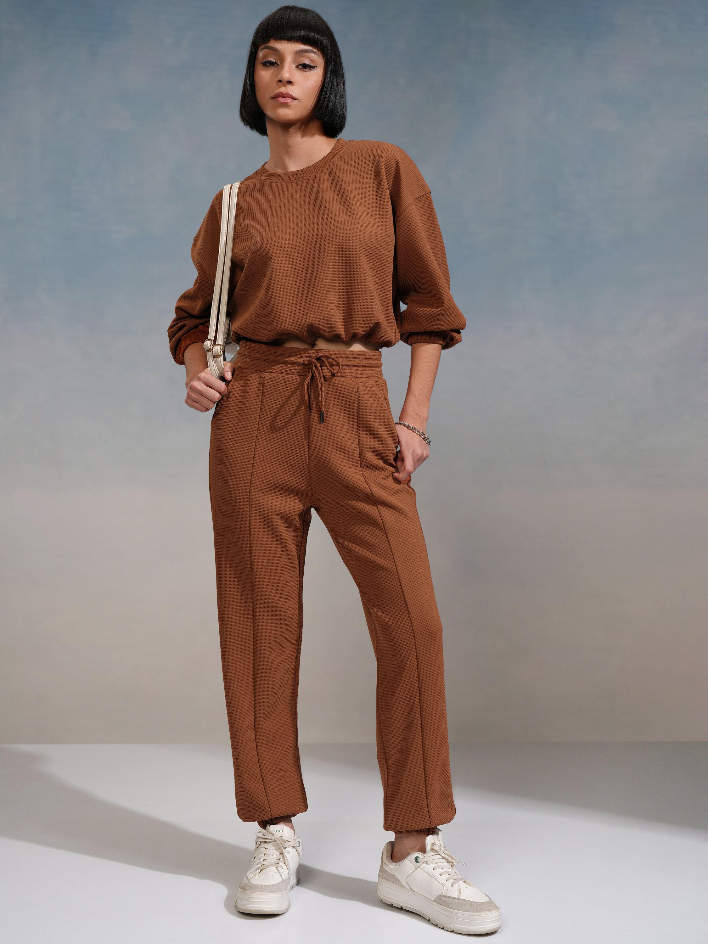 Tokyo Talkies Women Brown Top With Joggers - Brown - Image 1