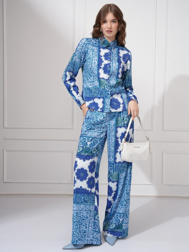 Tokyo Talkies Women Blue Shirt With Trousers Co-Ords - Blue - Image 1